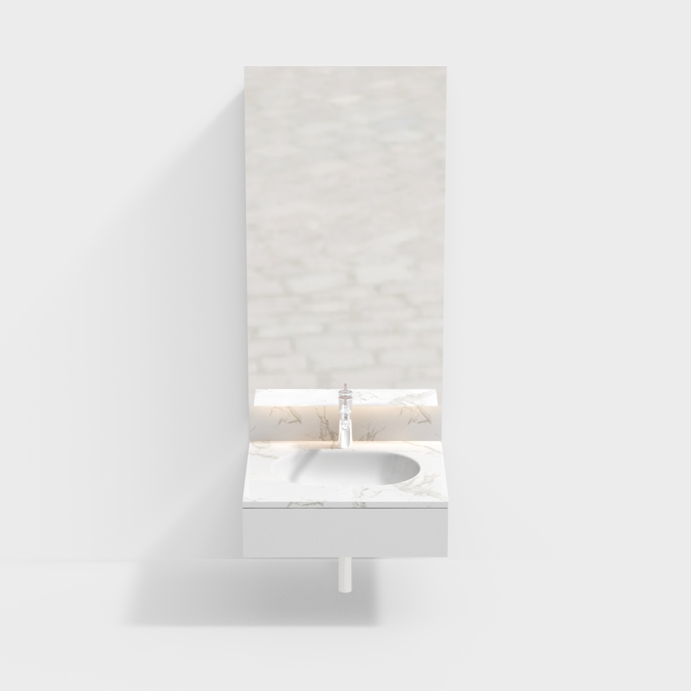 Modern white marble bathroom sink with mirror and chrome faucet on light grey background