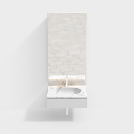 Modern white marble bathroom sink with mirror and chrome faucet on light grey background