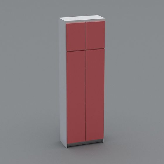 Modern tall white cabinet with four red doors and silver base on grey background