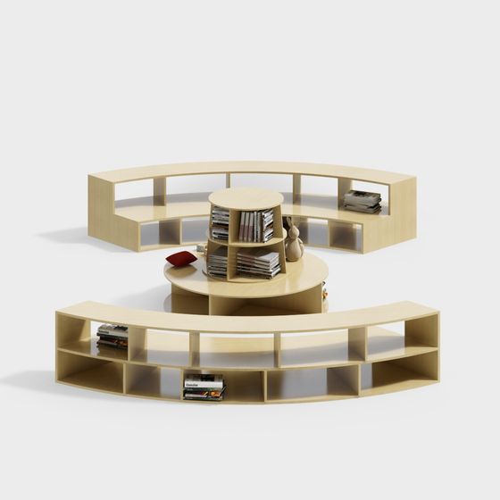 Stylish Curved Bookshelf and Round Table 3D model