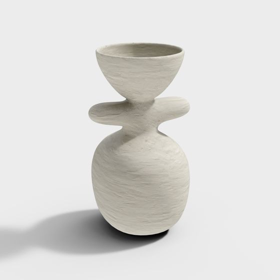 Abstract beige ceramic vase with curved middle section and textured surface on white background