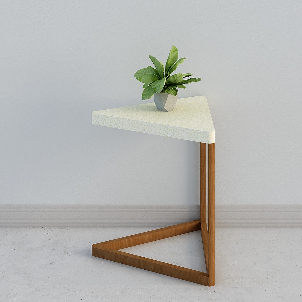Modern triangular side table with white stone top and wooden legs on grey background