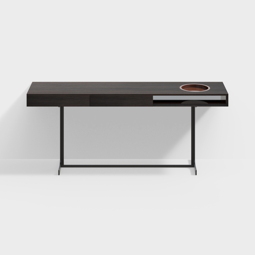 Modern dark wood console table with black metal legs and round tray on white background