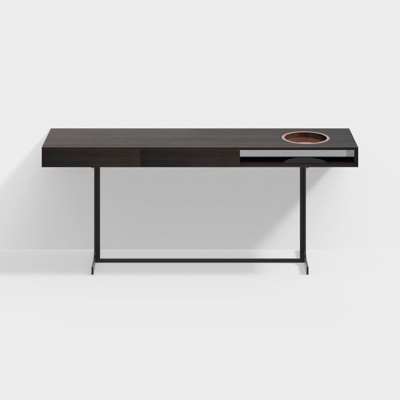 Modern dark wood console table with black metal legs and round tray on white background