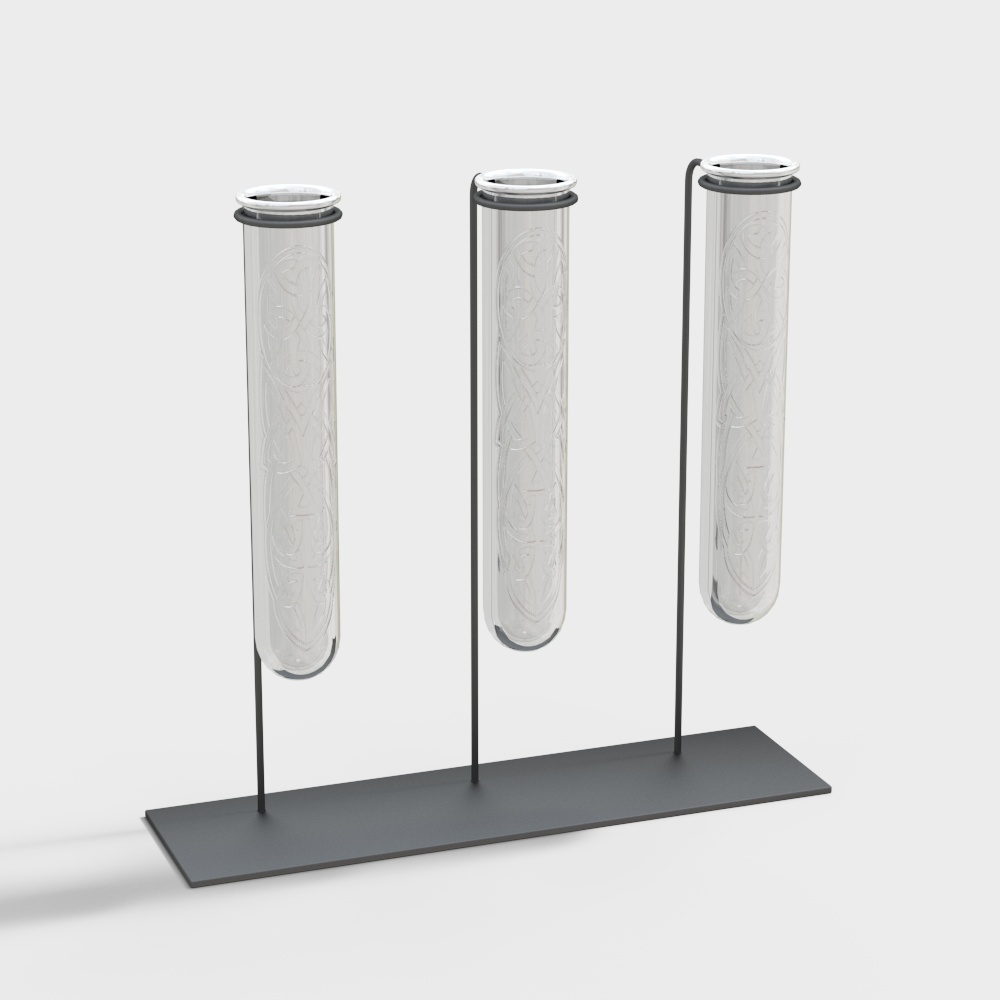 Three clear glass tube vases on black metal stand with grey background