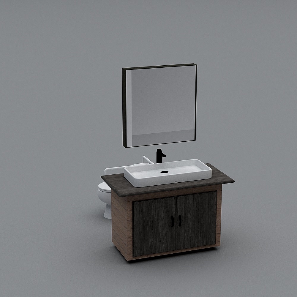 Modern bathroom vanity with dark wood cabinet and white sink on grey background