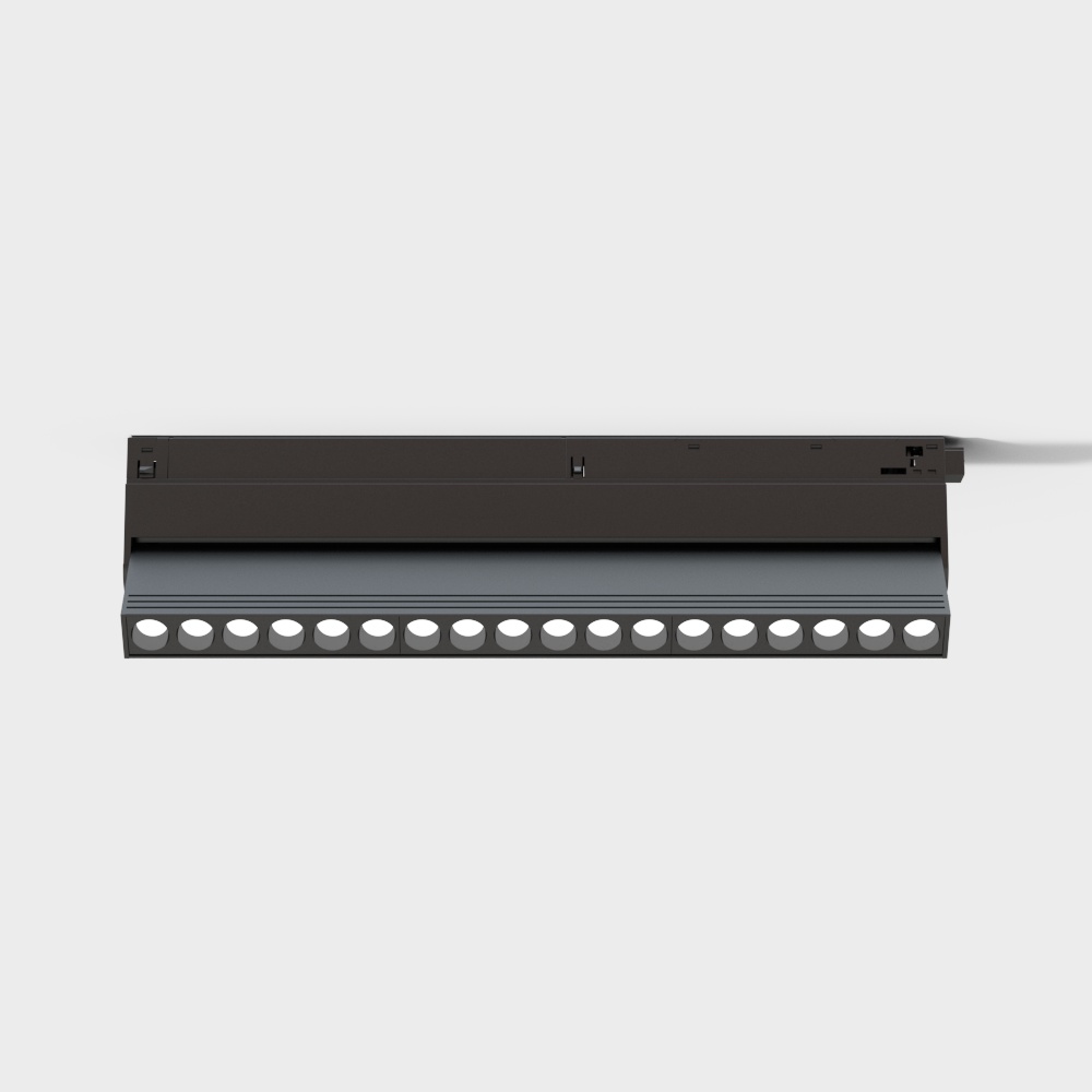 Modern black metal light fixture with round bulbs on white background
