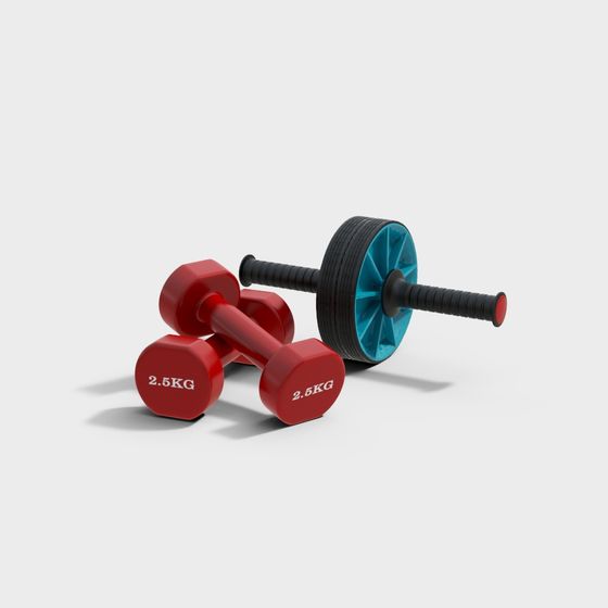 Stylish 3D Fitness Equipment Model with Dumbbells and Ab Roller