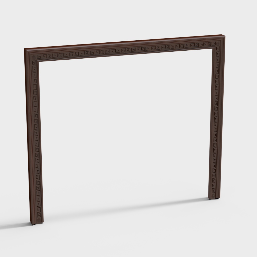 Classic dark brown wooden door frame with carved geometric pattern on grey background