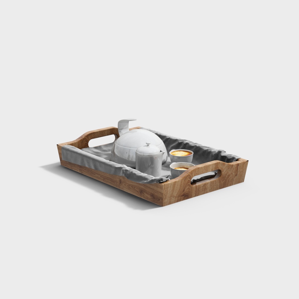 Modern wooden serving tray with grey lining holding white ceramic teapot and cups on white background