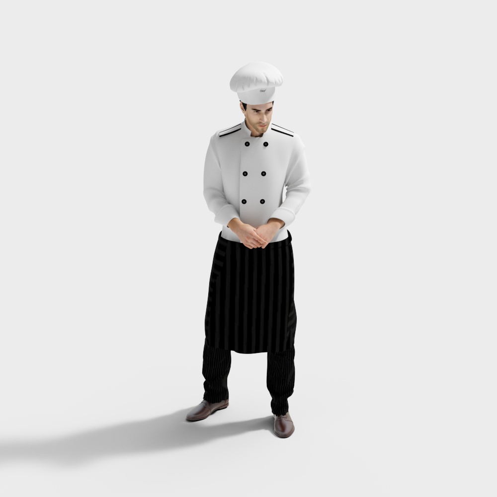 Male chef in white double breasted jacket and black striped apron on grey background