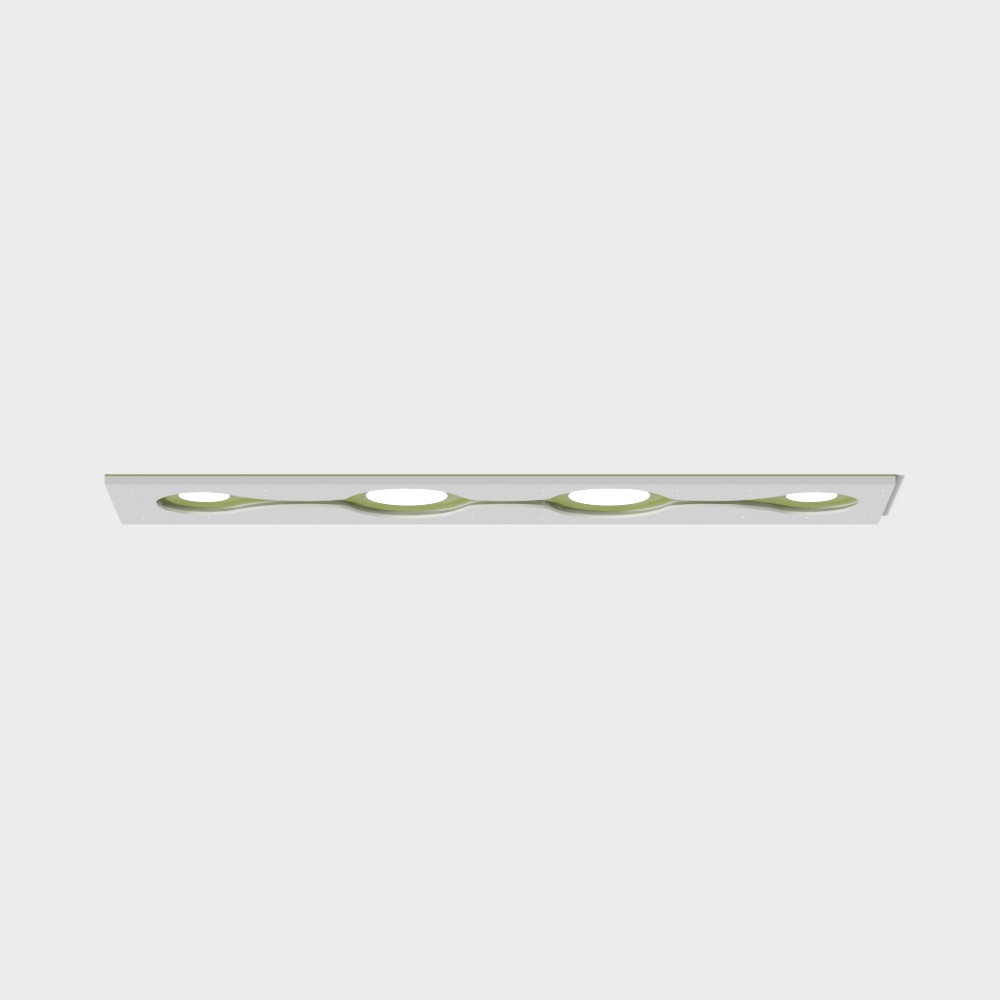 Modern white ceiling light fixture with four round green lights on grey background