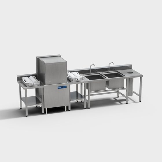 Low Poly Stainless Steel Dishwasher and Sink Combo 3D model