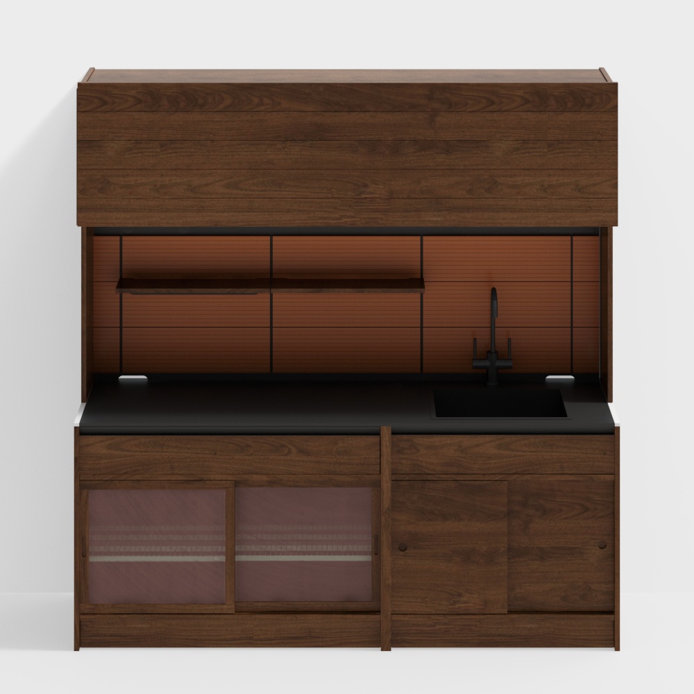 해피 찬장 - 2100 모델(미닫이문+싱크대) - 블랙 월넛