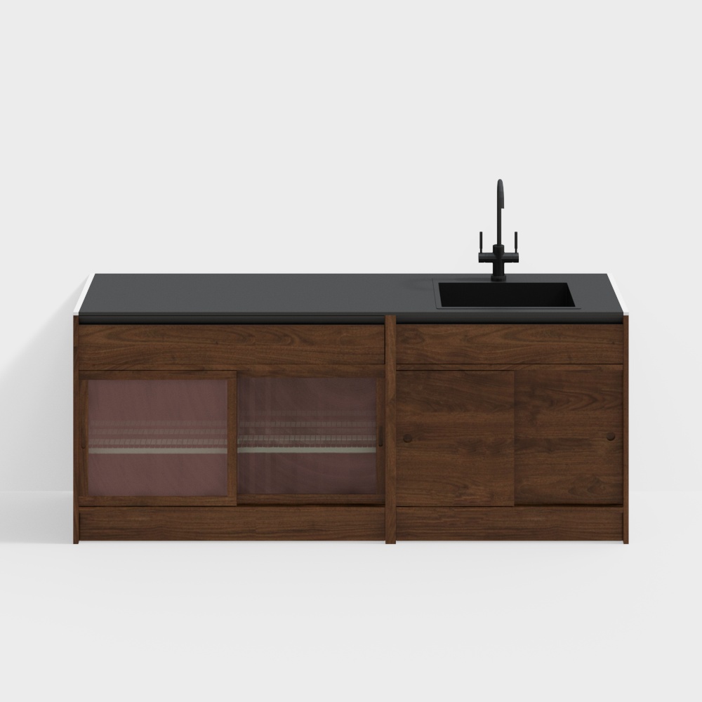 Счастливый низкий шкаф - 2100 моделей (шкаф с раздвижной дверью + раковина) - Черный орех