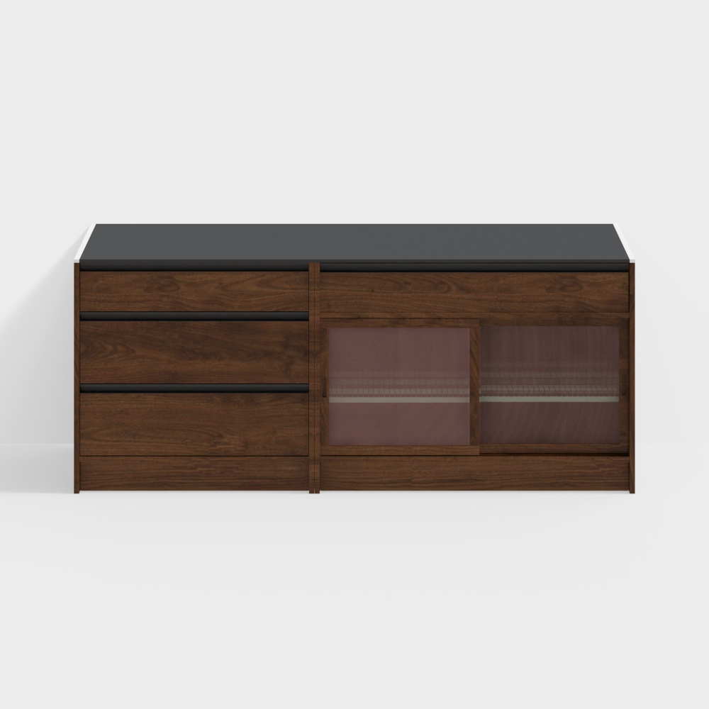 해피 찬장 하부장 - 2100모델(서랍+미닫이장) - 블랙월넛