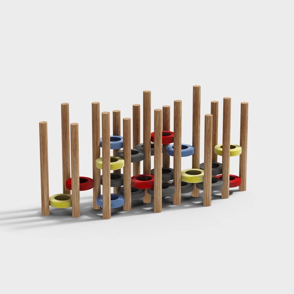 Modern wooden playground structure with colorful rings on grey background