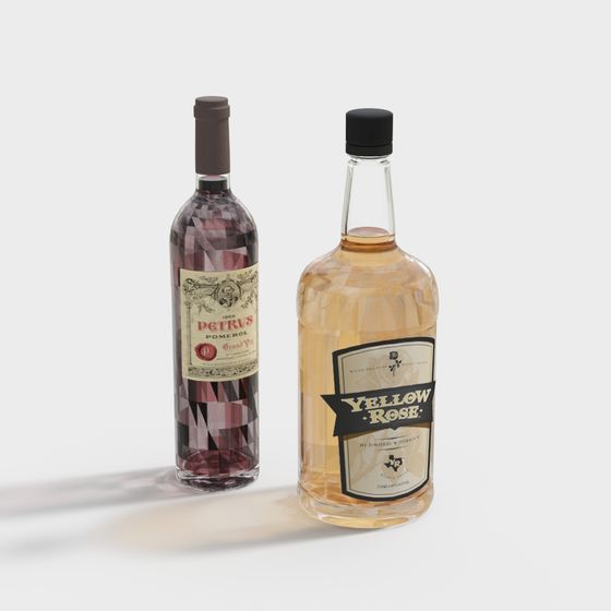 Elegant 3D Model of Petrus Pomerol and Yellow Rose Whiskey Bottles