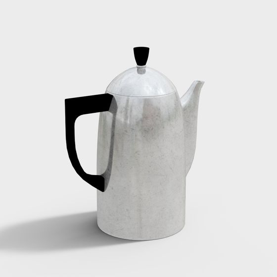 Modern silver metal coffee pot with black handle and lid knob on white background