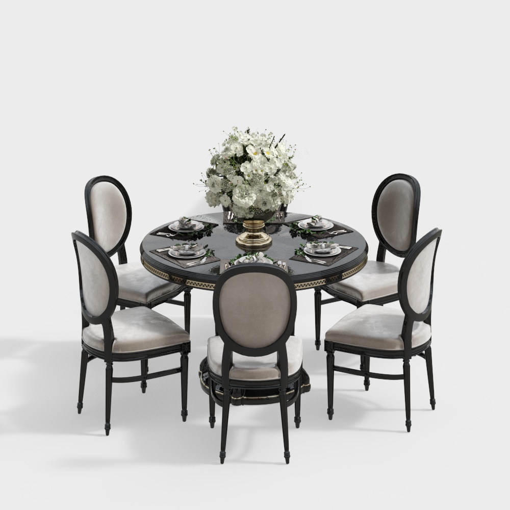 Round black dining table with gold trim and six grey upholstered chairs on white background