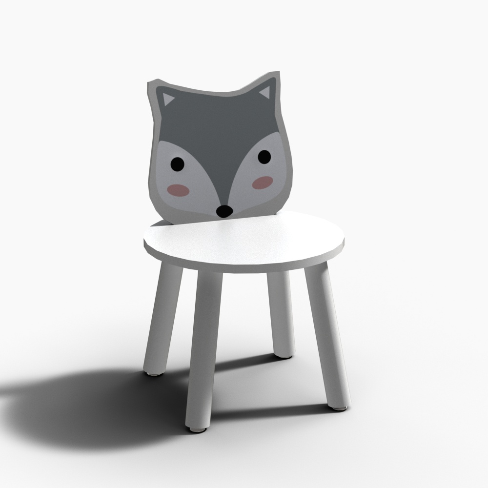 Cute grey fox shaped kids chair with white round seat and four legs on white background