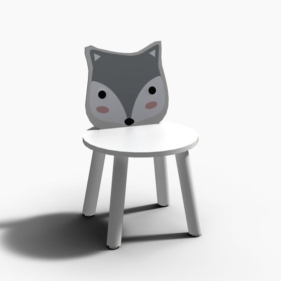 Cute grey fox shaped kids chair with white round seat and four legs on white background