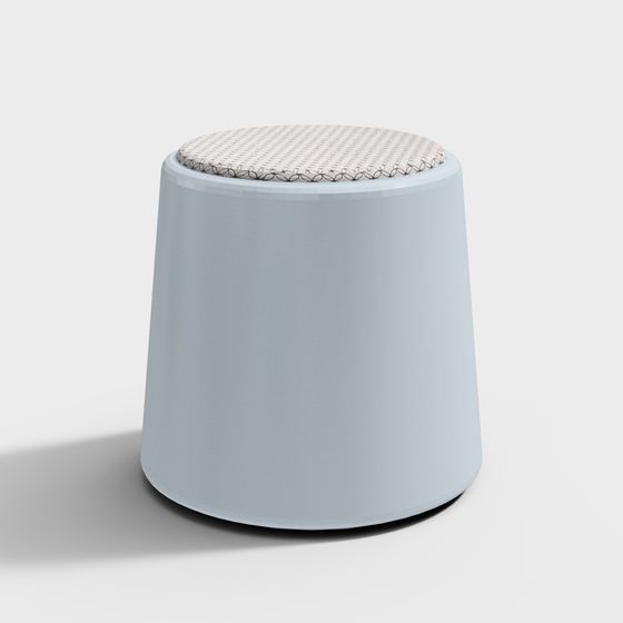 Modern light blue round footrest with patterned beige fabric top cushion on white background