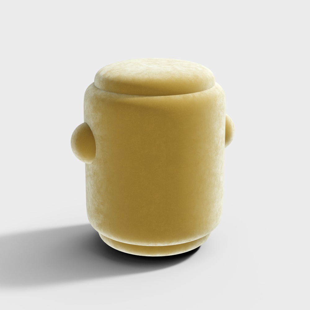 Yellow velvet round footrest with side handles on white background