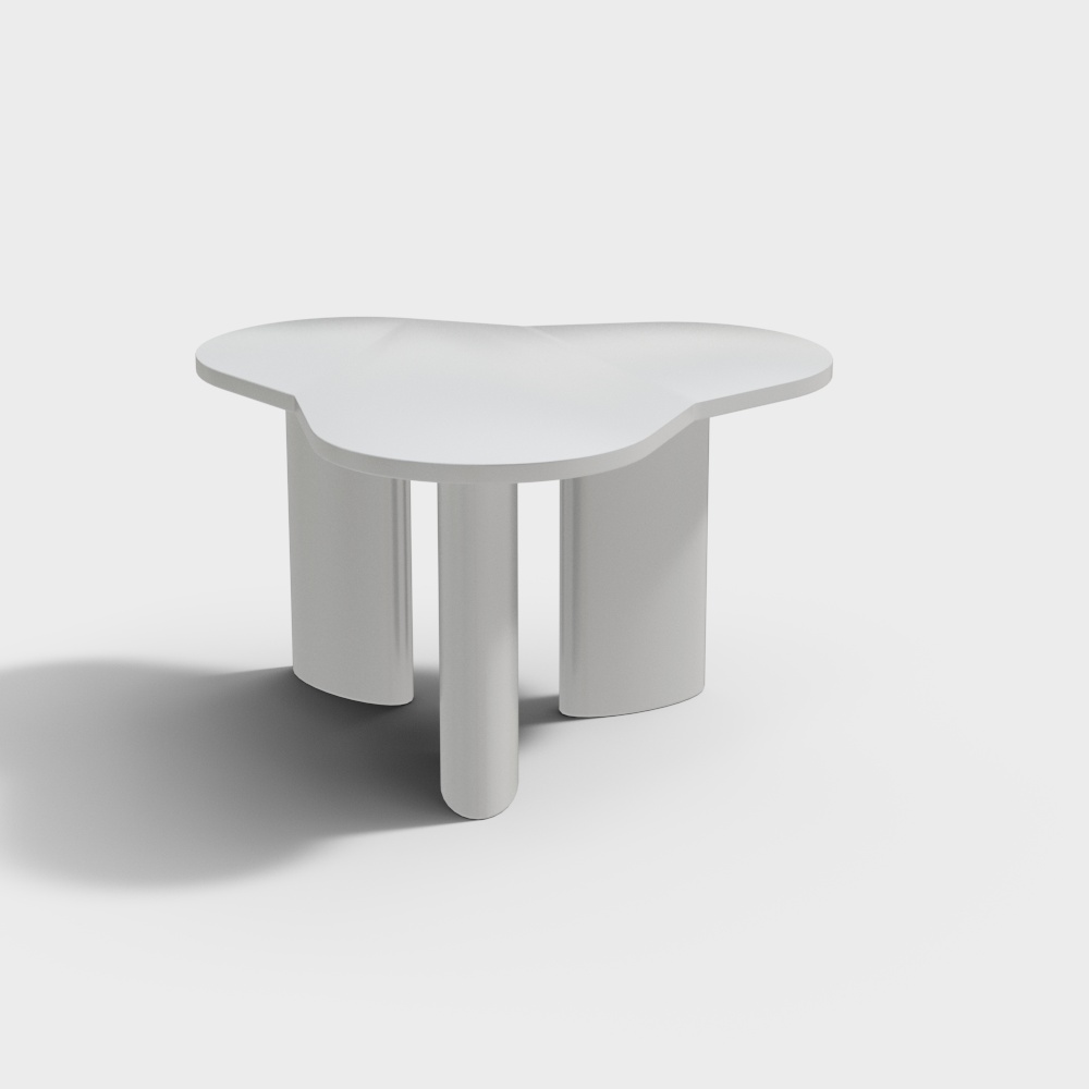 Modern white coffee table with curved top and three round legs on light grey background