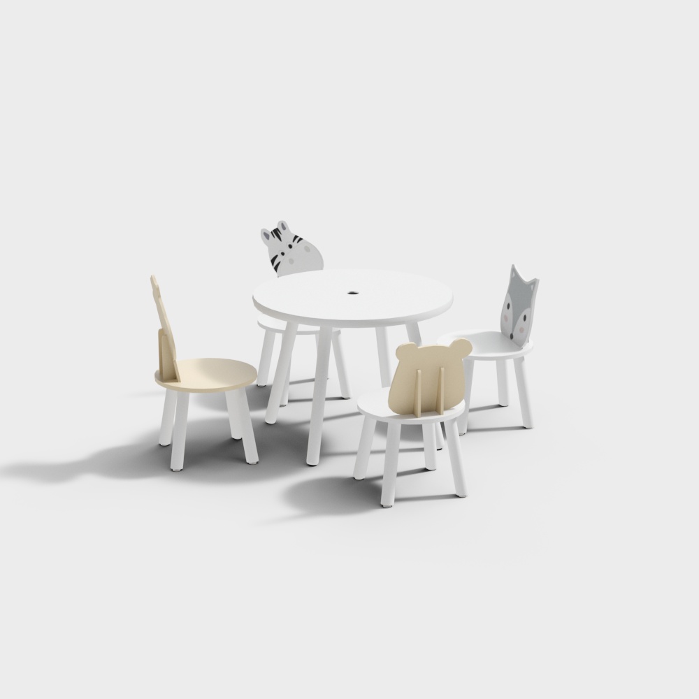Kids white round table and four animal chairs with wooden seats on light grey background