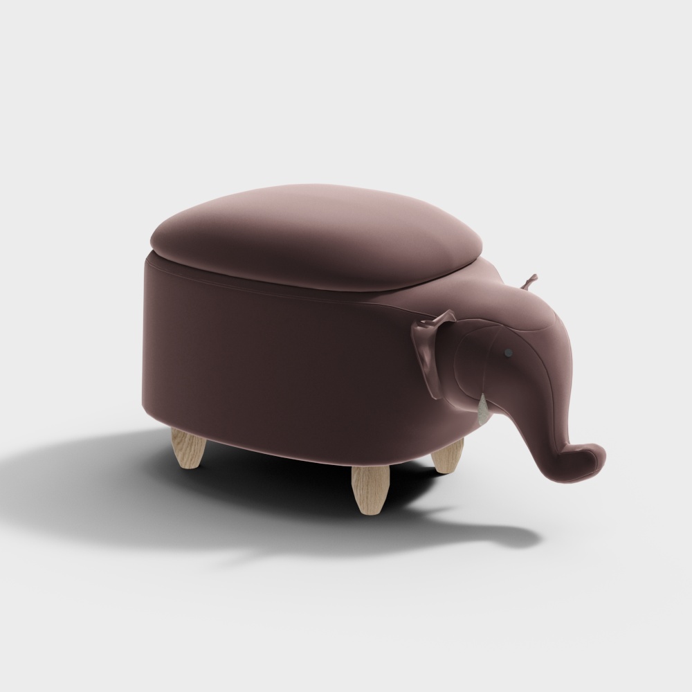 Brown elephant shaped footrest with storage lid and wooden legs on white background