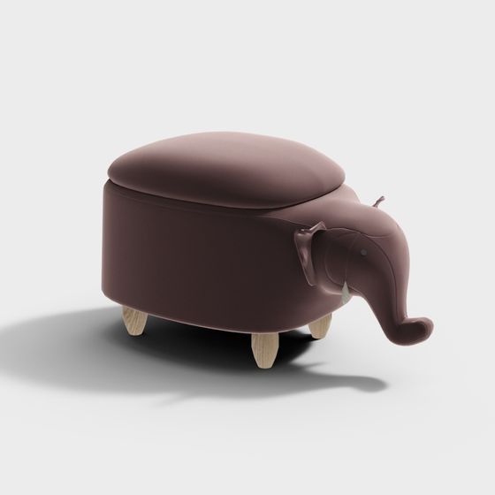 Brown elephant shaped footrest with storage lid and wooden legs on white background