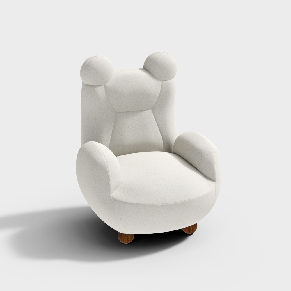 White fabric armchair with bear ears and wooden legs on white background
