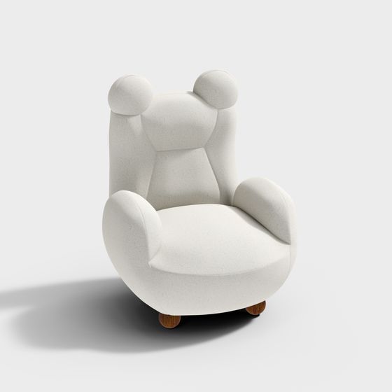White fabric armchair with bear ears and wooden legs on white background
