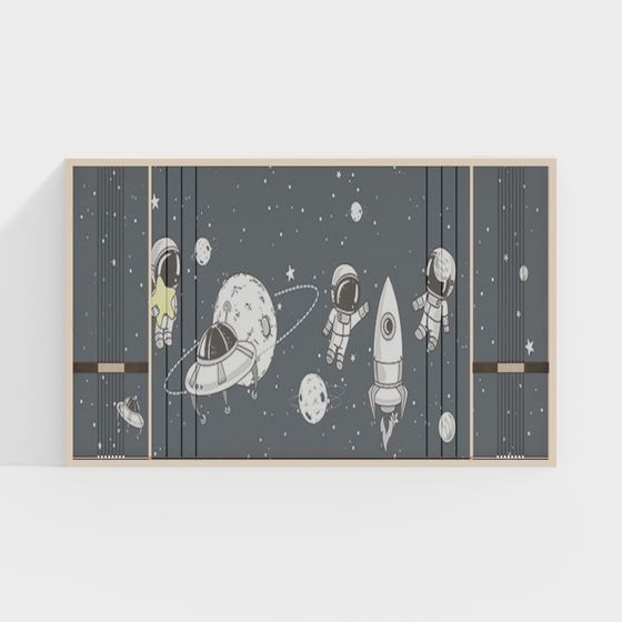Kids bedroom wardrobe with grey space pattern featuring astronauts planets rockets on white background