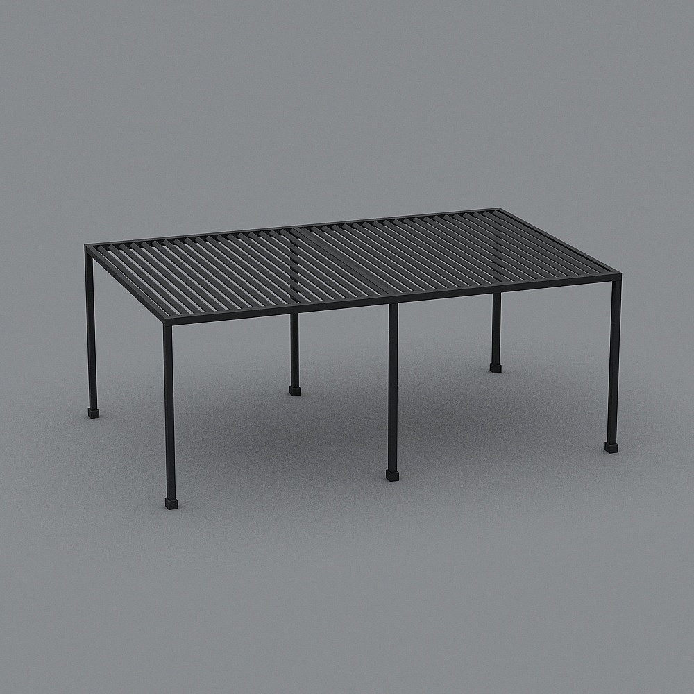 Modern black metal pergola roof with slat design and six legs on grey background