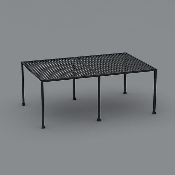 Modern black metal pergola roof with slat design and six legs on grey background