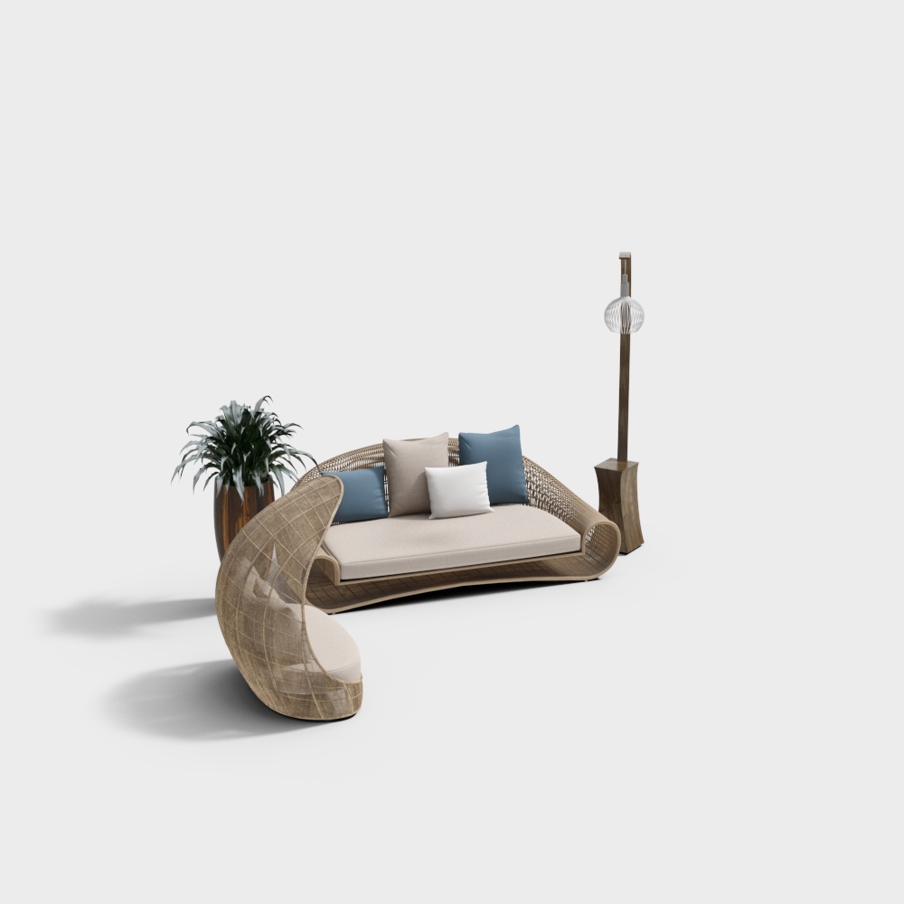 Low Polygon Natural Style Sofa – Rattan & Wood Frame