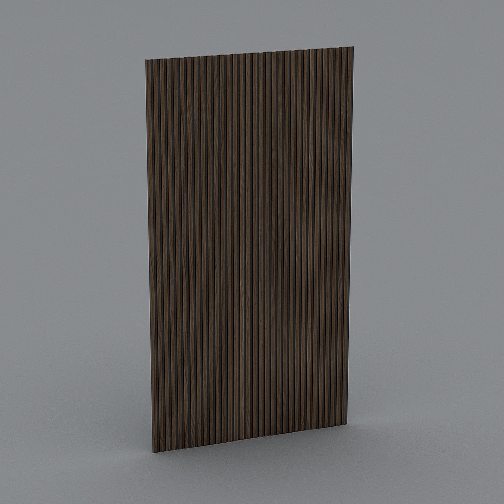 Dark brown wood wall panel with vertical grooves and natural grain texture on grey background