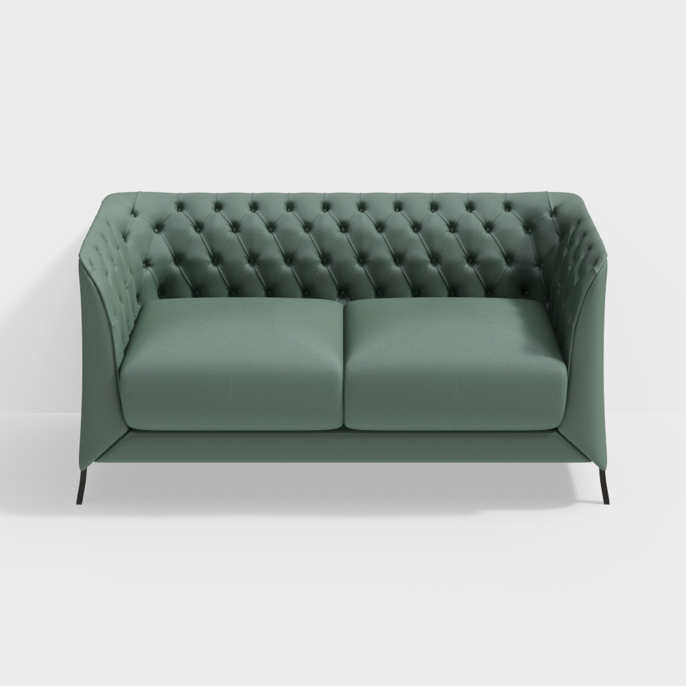 Modern green tufted sofa with black metal legs on white background
