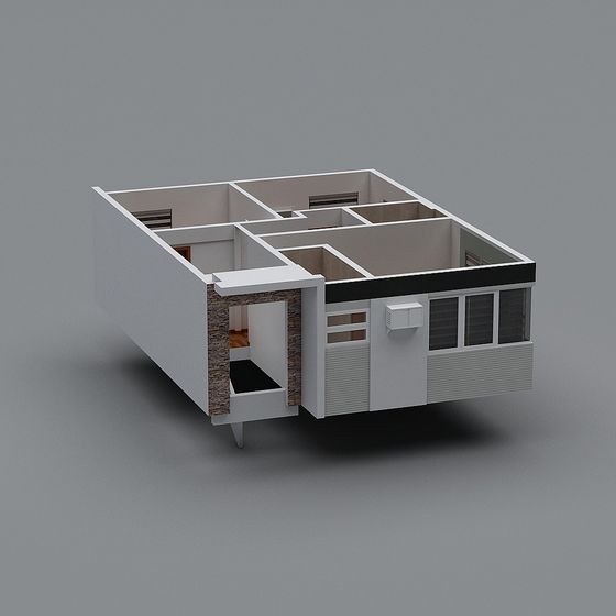 Modern white house model with stone wall and black roof on grey background
