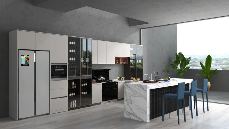 Modern kitchen with grey walls white cabinets marble island blue bar stools and green plant