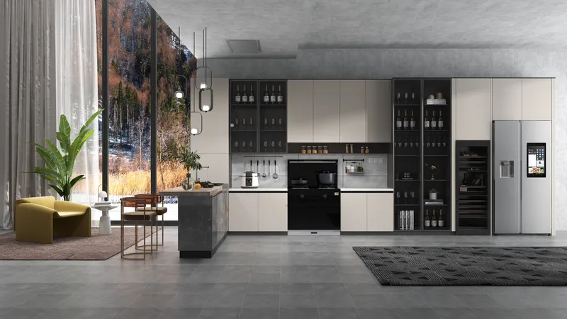 Modern kitchen with cream cabinets silver fridge marble island yellow armchair and large forest view