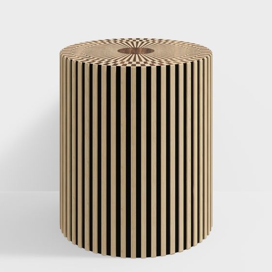Modern round wooden side table with vertical slats and patterned top on white background