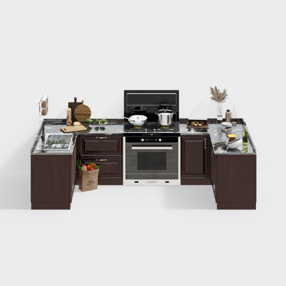 Sleek Contemporary Kitchen 3D Model – Dark Wood Cabinets