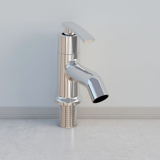 Modern chrome bathroom sink faucet with single lever handle on white background