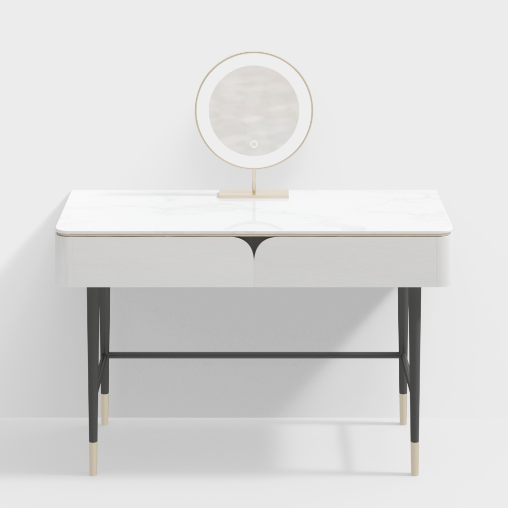 Modern white marble vanity desk with round mirror and black metal legs on grey background