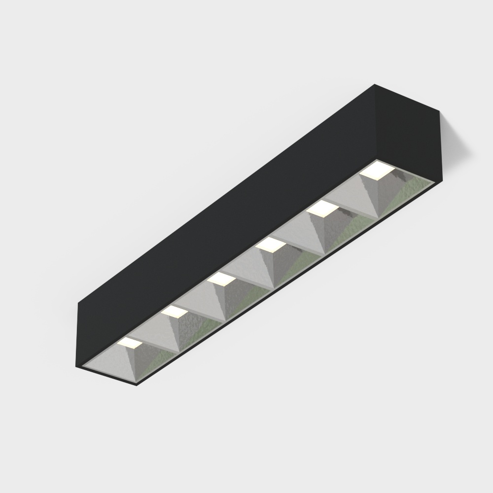 Modern black linear ceiling light fixture with five square lights and grey interior on white background