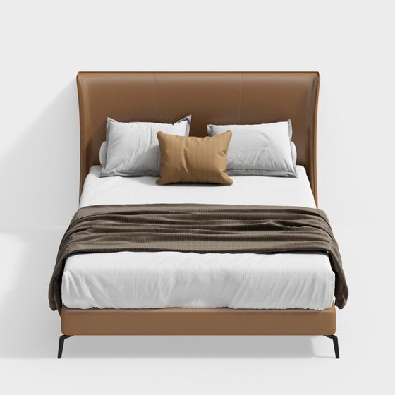 Modern brown leather bed with white sheets and grey pillows on white background