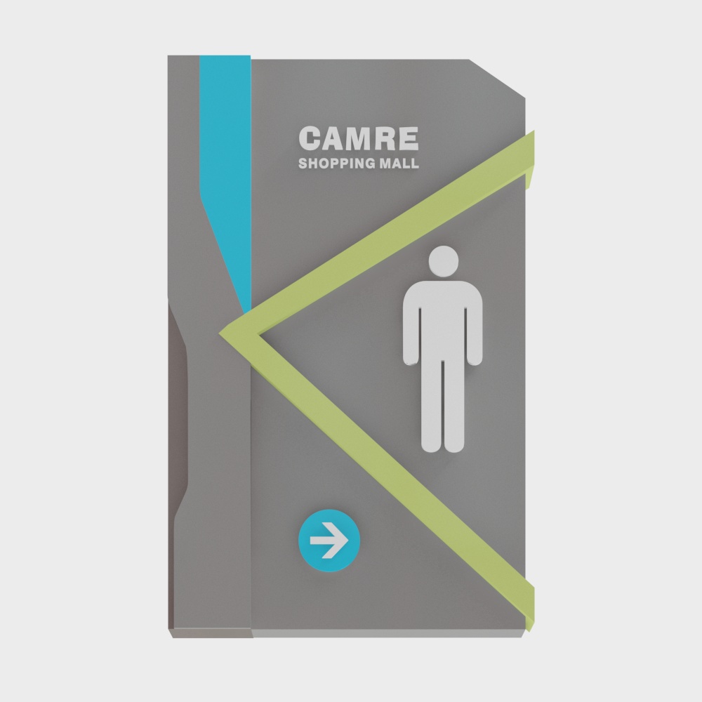 Grey shopping mall restroom sign with white person icon and blue arrow on light grey background